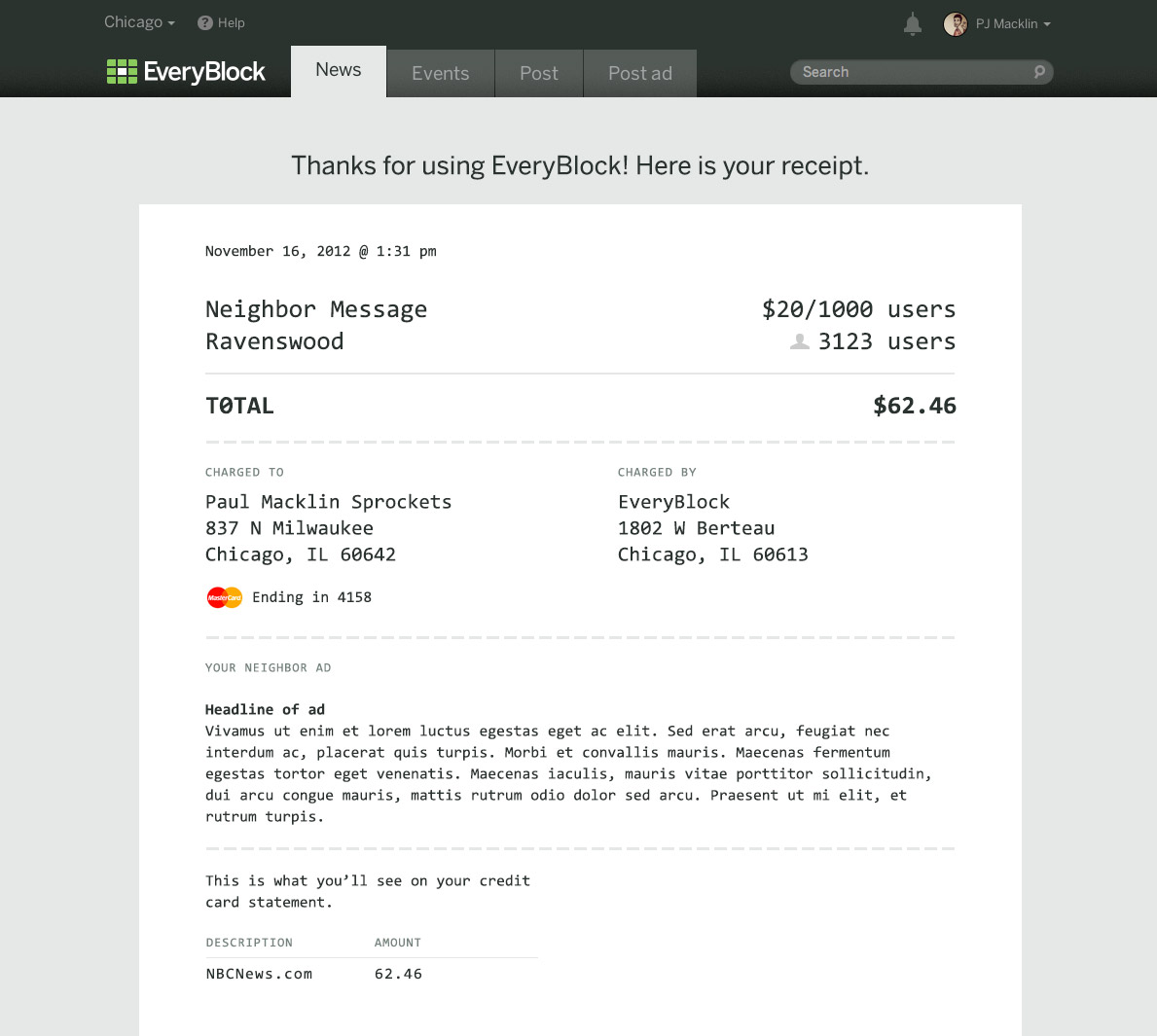 Neighbor Ad Receipt